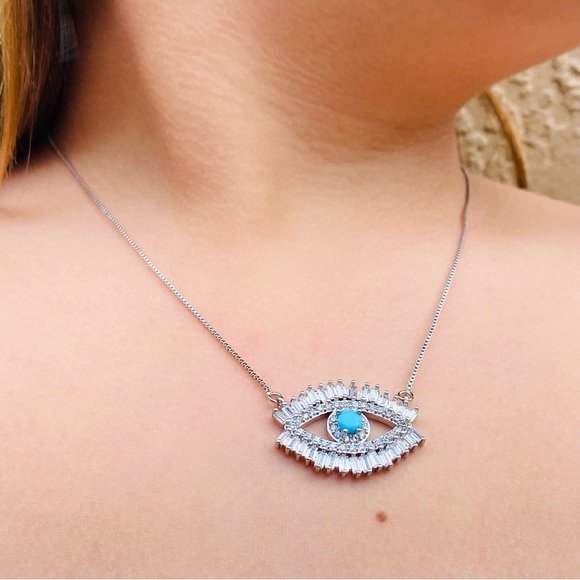 Silver Evil Eye Necklace, Turkish Evil Eye Necklace, - Picture 1 of 7